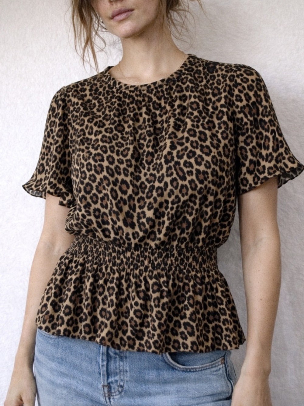 J. Crew Black Tan Leopard Print Smocked Peplum Blouse Small Indie Rocker